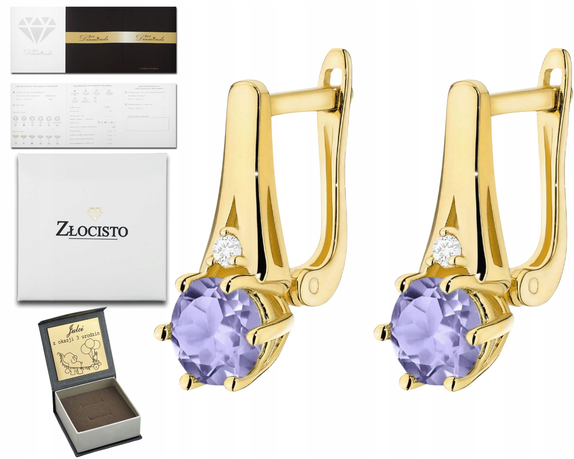 Zlaté Náušnice Tanzanity Brilianty Anglické Zapínání Zlato 585 Jako Dárek