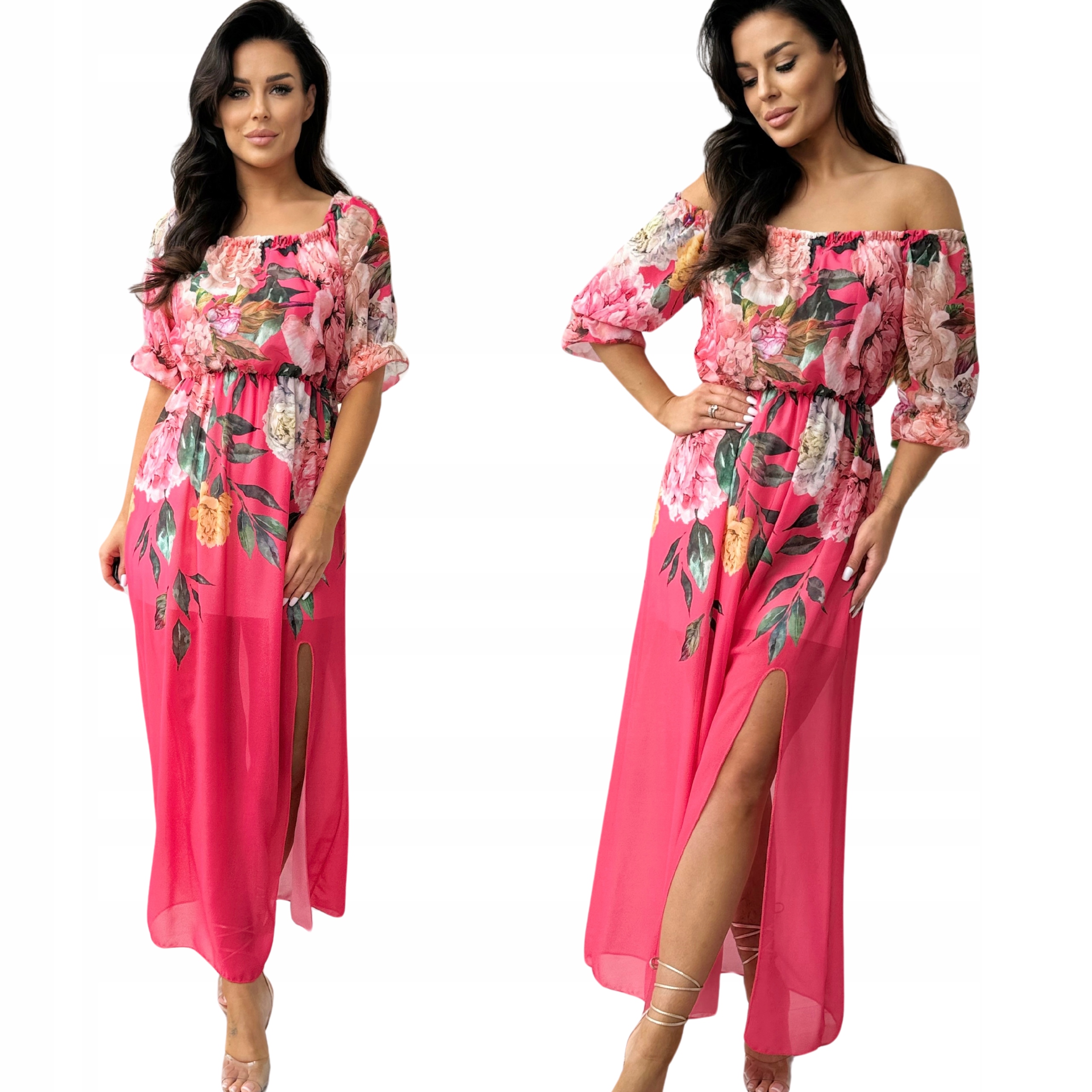 Sukienka Damska Maxi Długa Zwiewna Kobieca Modna Kwiaty Malinowa