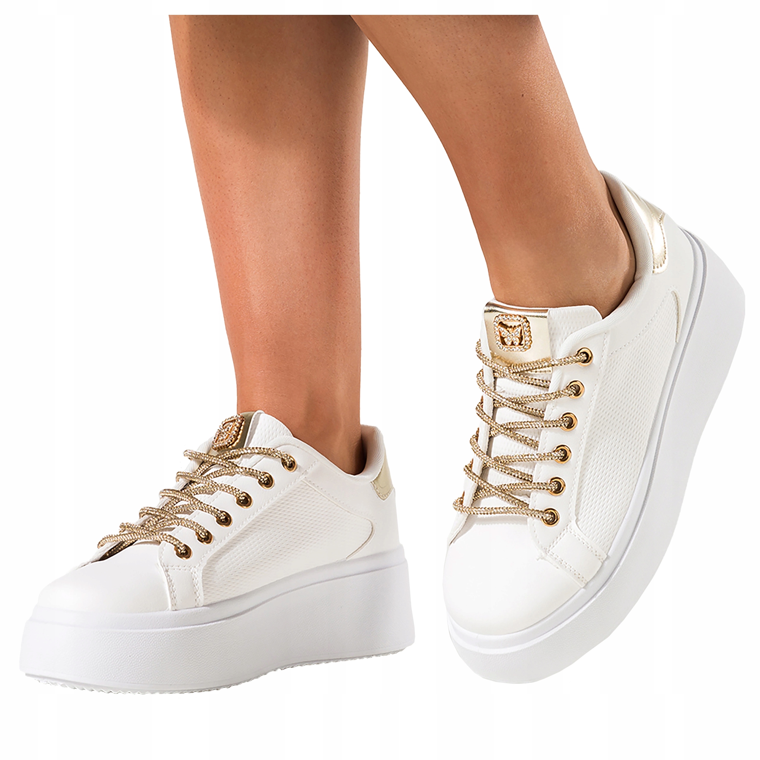 Sneakersy Bílé Dámské Sportovní Obuv Šněrovací Zlaté Doplňky velikost 38
