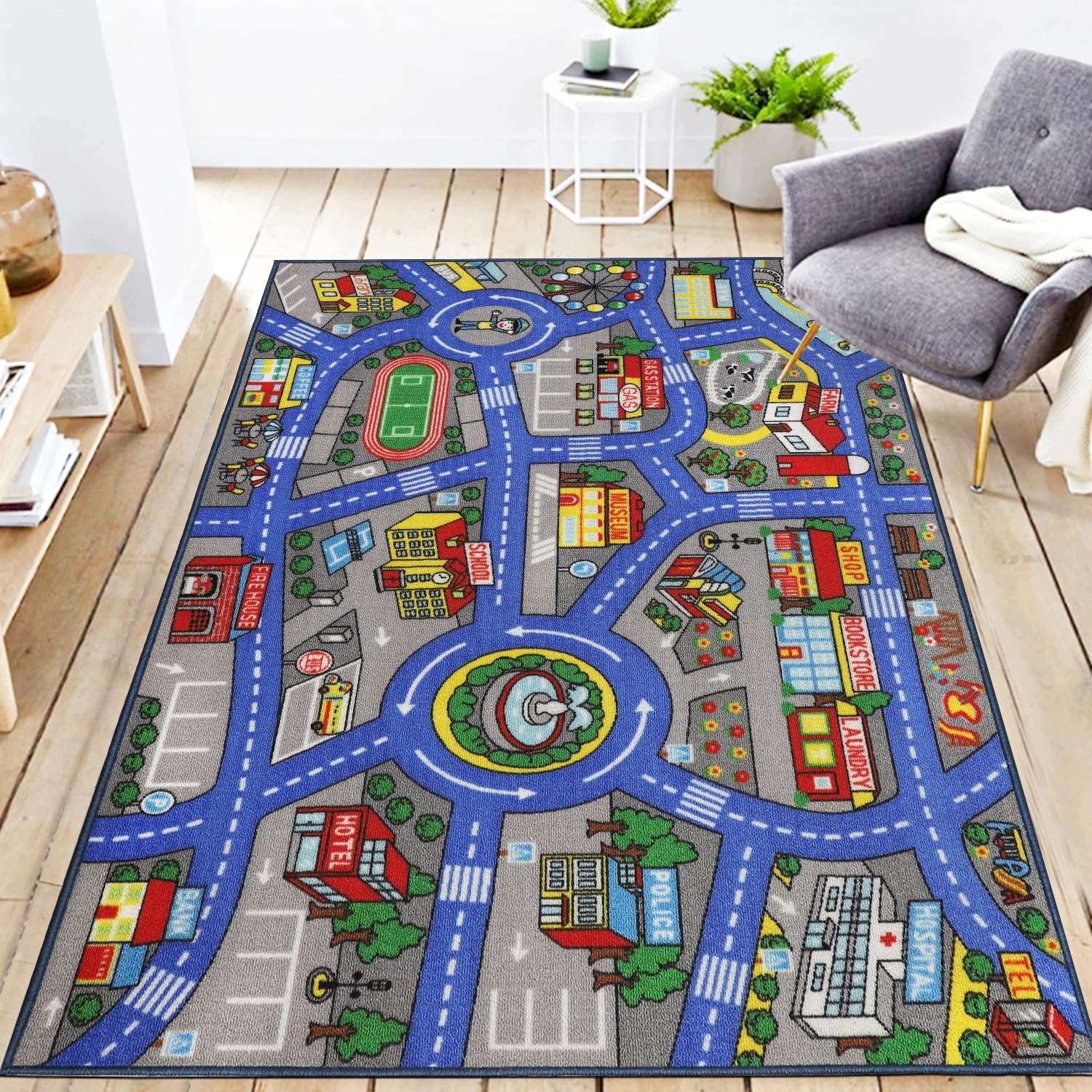 Dywan dziecięcy 100x160 cm niebieski mata edukacyjna mapa miasta
