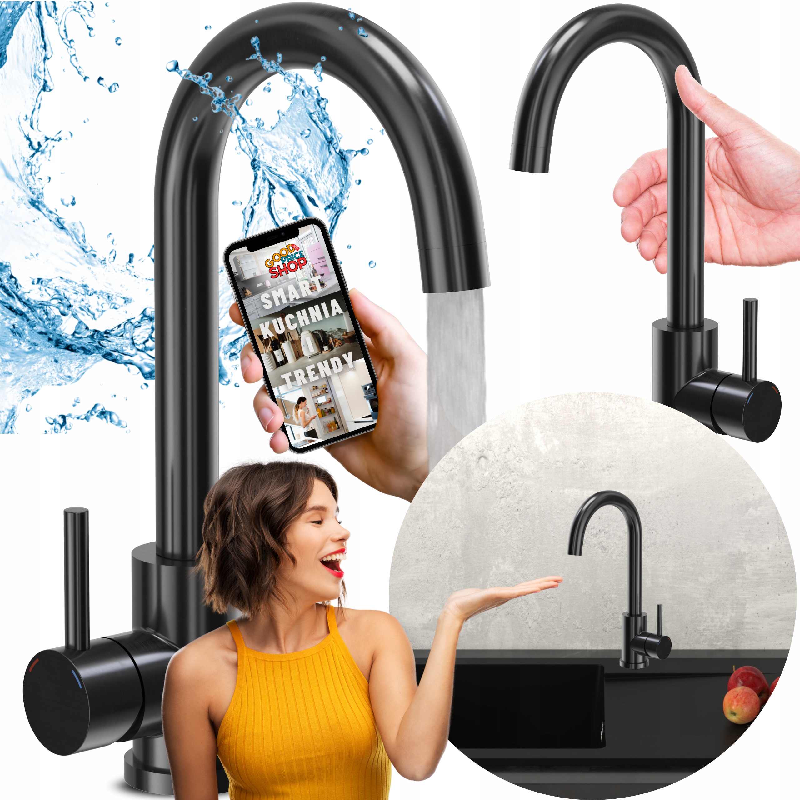 Kuchyňská Dřezová Stojánková Baterie Černá Lesklá Kohoutková Kuchynská Baterie Armatura
