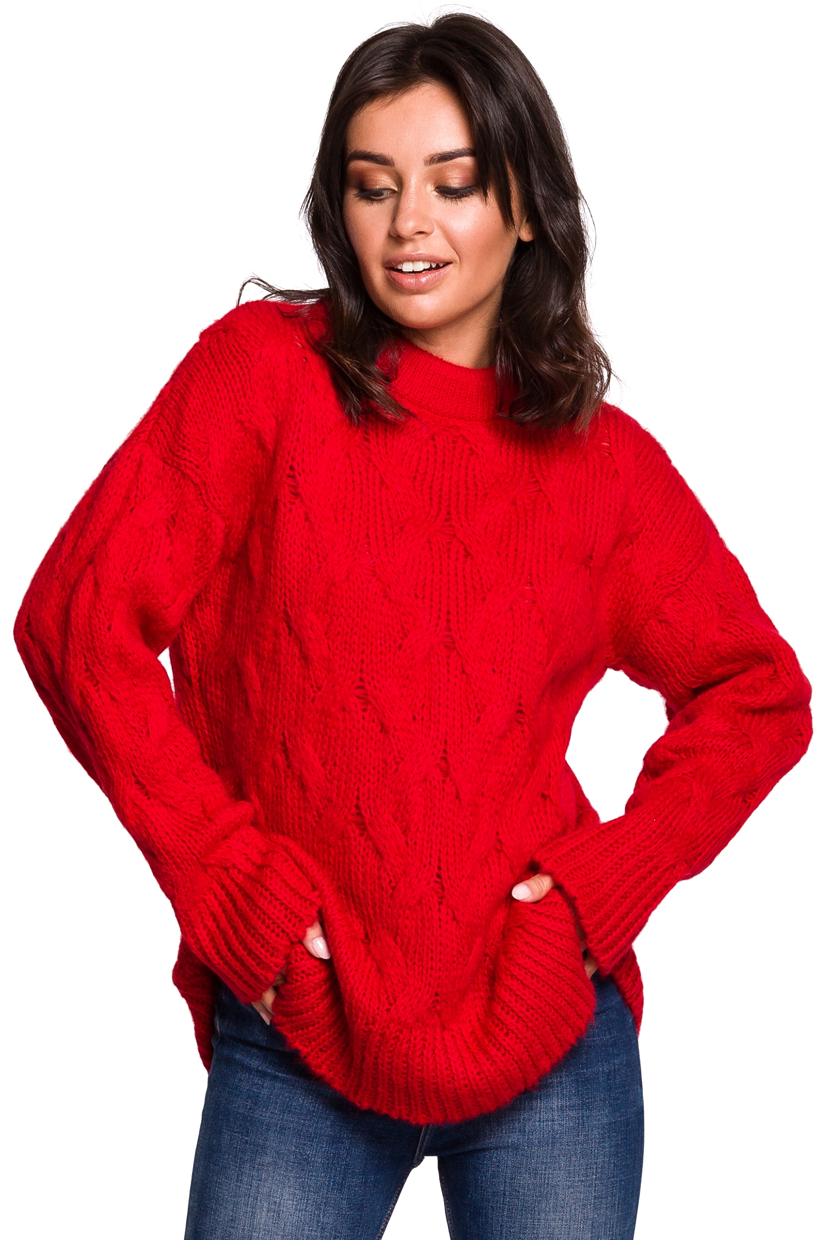 

BK038 Sweter ze splotem typu warkocz czerwony L/XL