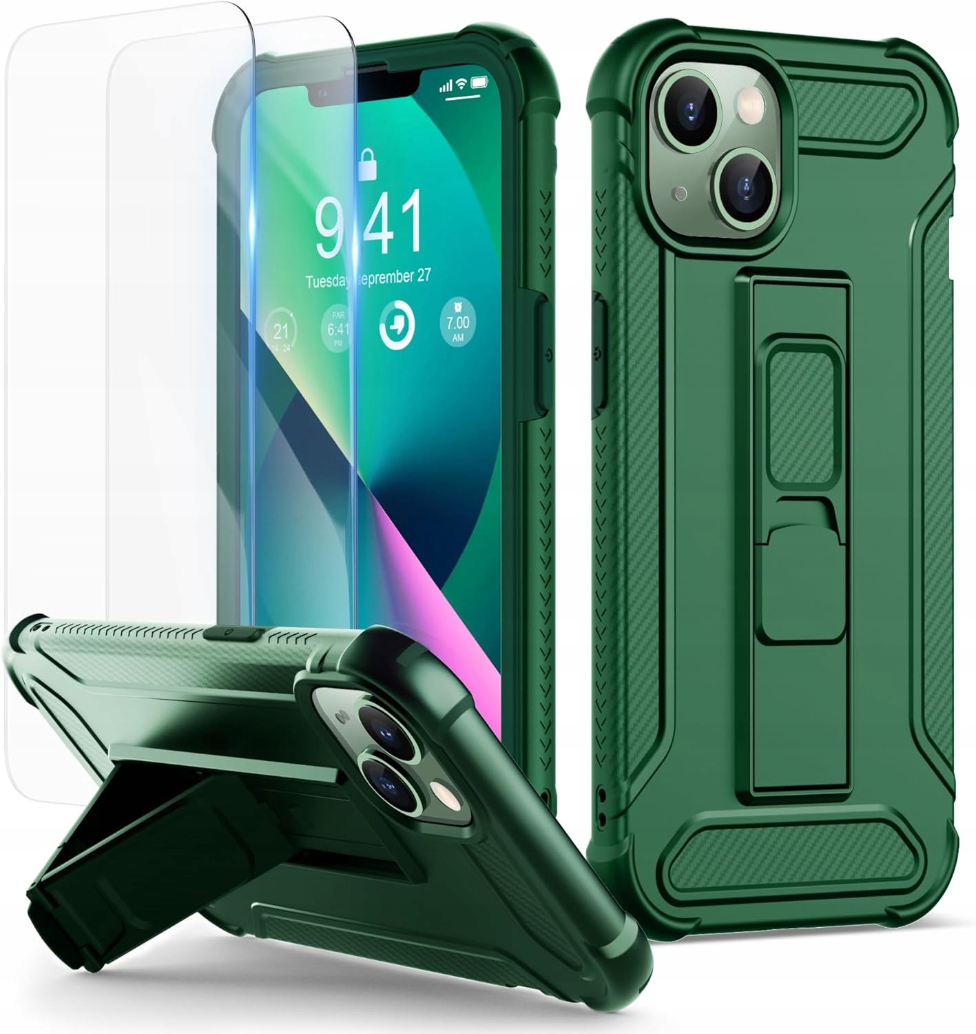 ORETech Plecki Etui iPhone 14 13 z Podstawką Zielone 2 x szkło hartowane