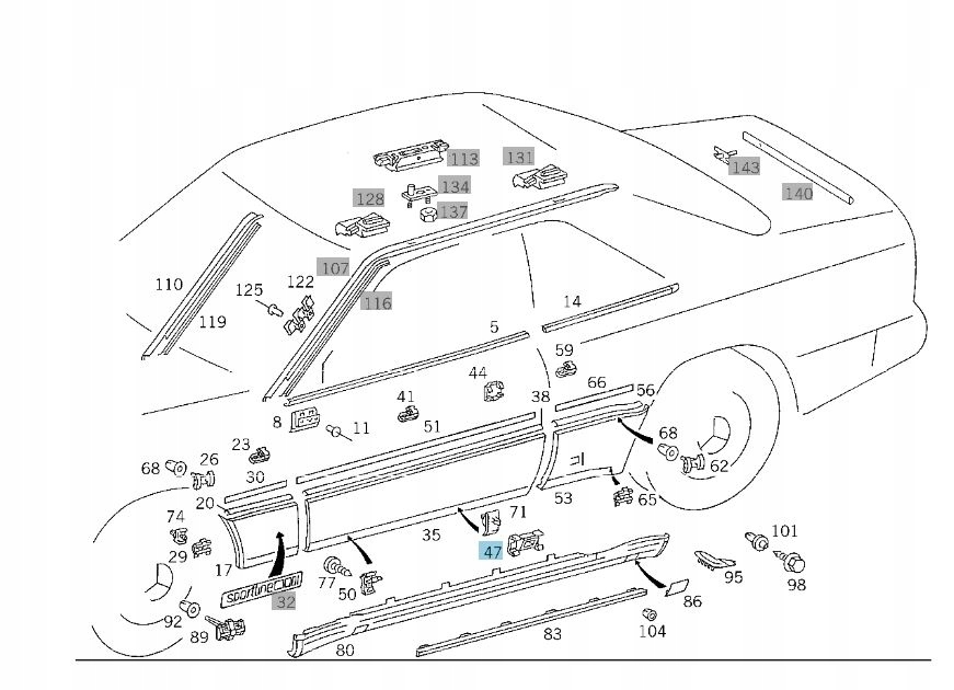 SPINKA LISTWY SZEROKIEJ DRZWI MERCEDES W124 COUPE
