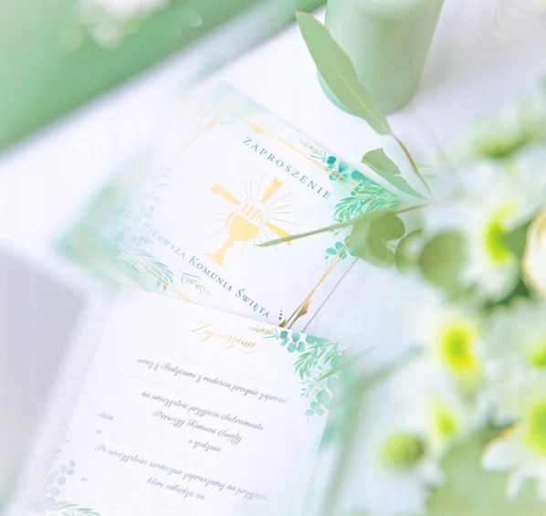 ZAPROSZENIA NA KOMUNIE ZŁOTY KIELICH OZDOBNE LISTKI 10SZT. Rodzaj komunia