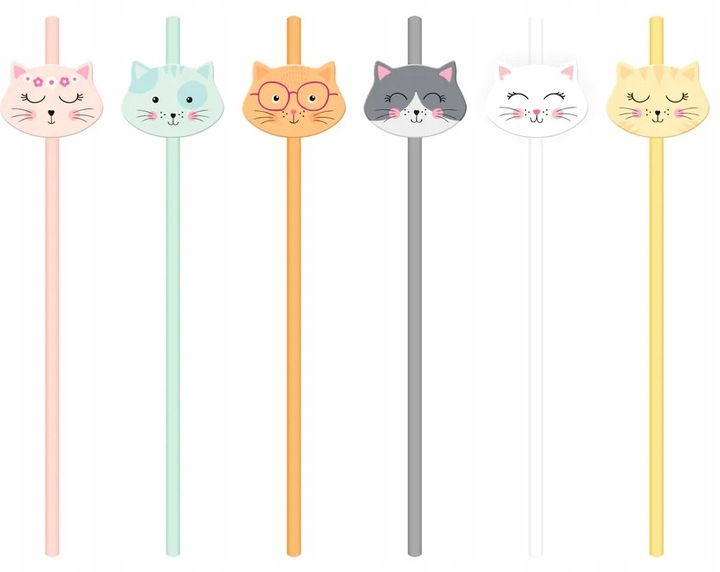 Słomki papierowe KOTEK do picia napoju KOLOROWE urodzinowe PARTY KOT 6szt