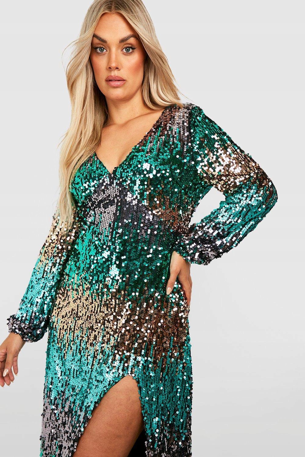 GLAMOUR DŁUGI RĘKAW BOOHOO 46 SUKIENKA WIECZOROWA MIDAXI CEKINOWA OMBRE