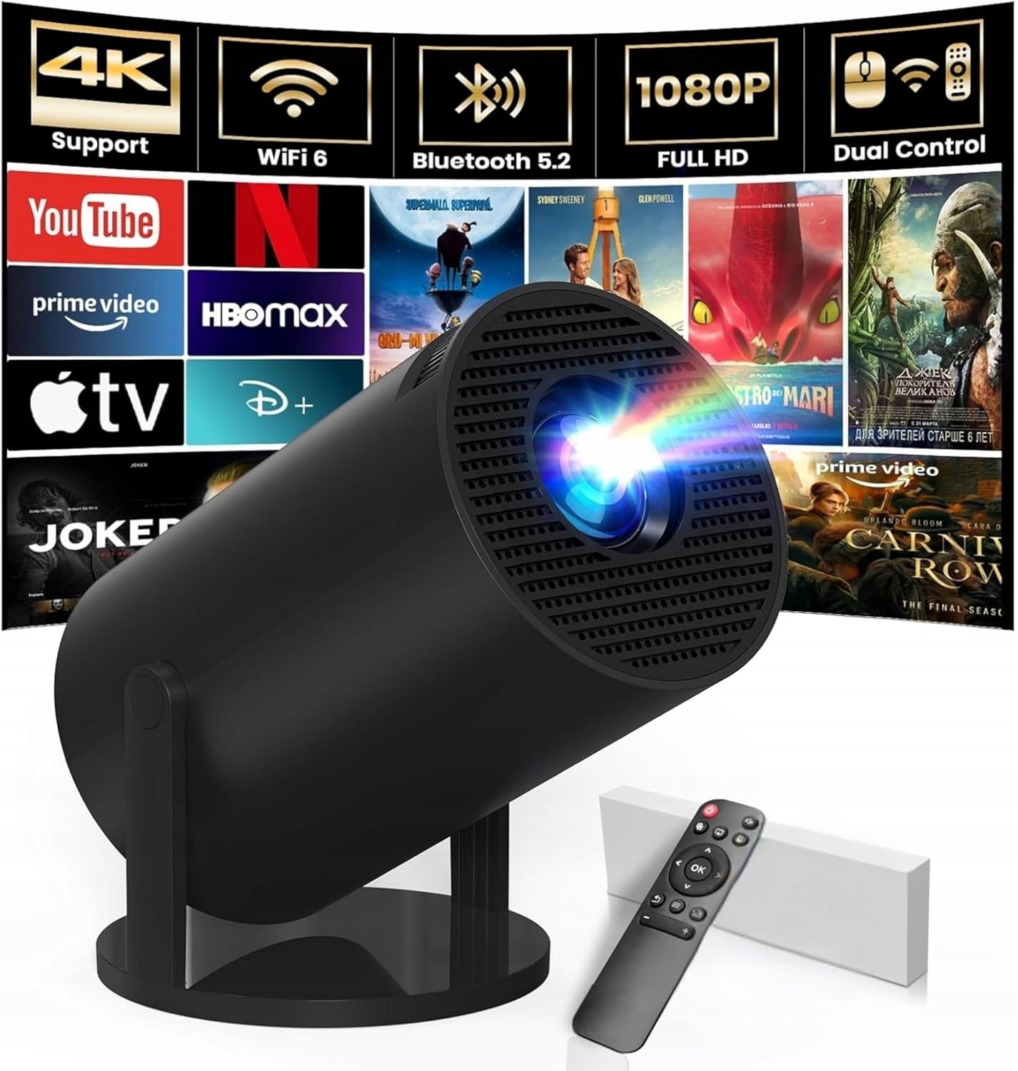 Inteligentny Projektor Z Bluetooth Rzutnik Android Tv Wifi 4K Hd Do Filmów