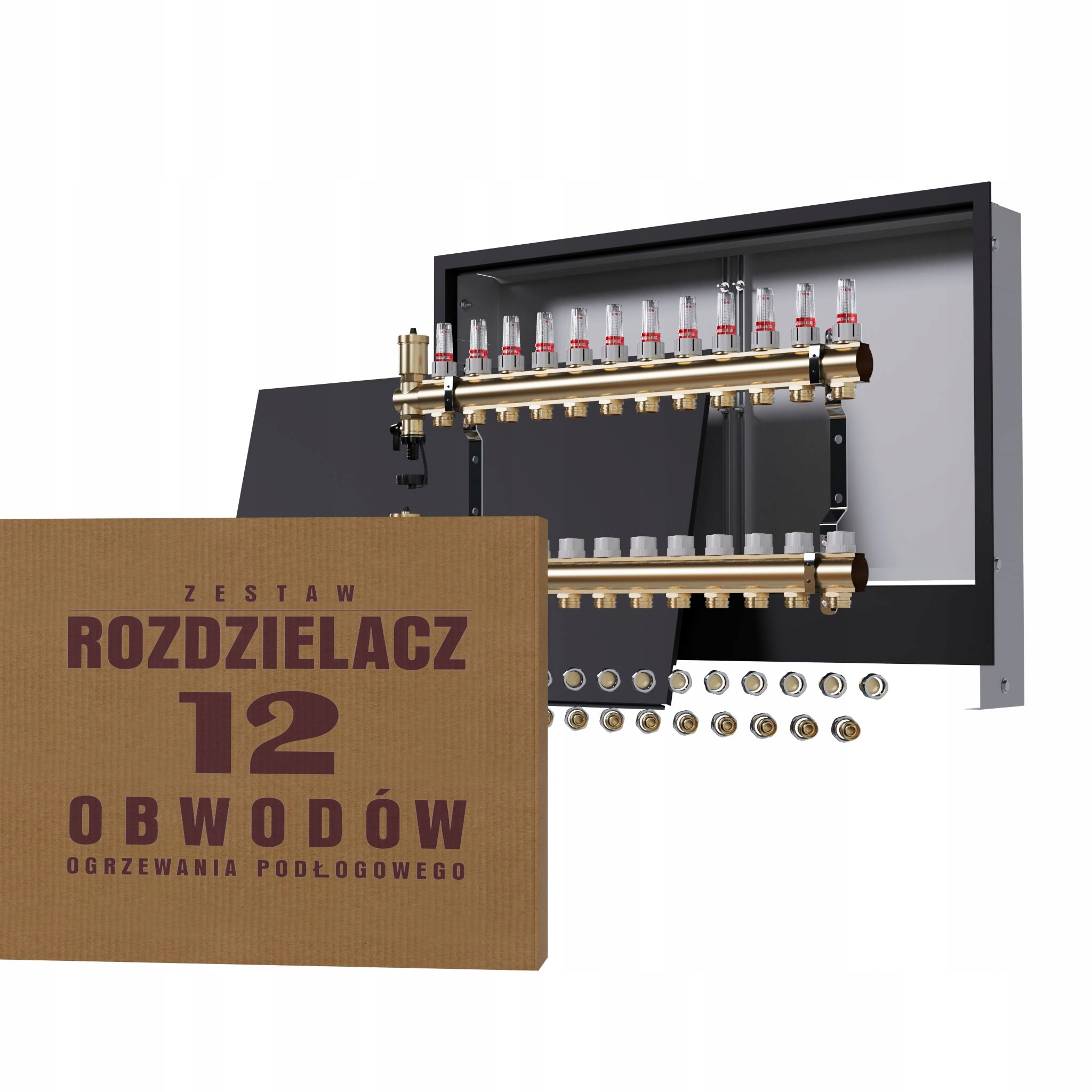 Mosazný rozdělovač pro podlahovku 12 okruhů černá skříňka Pex