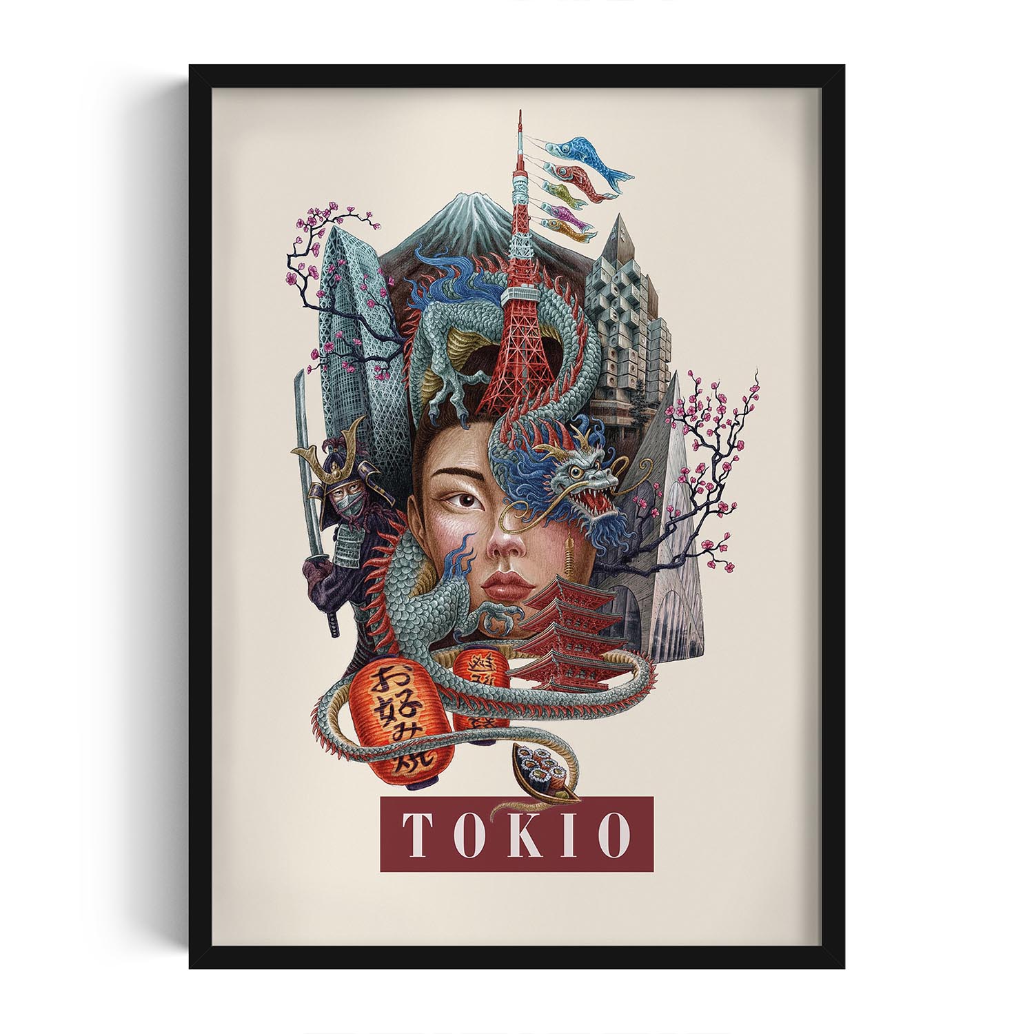 Obraz grafika v rámečku Rozměr 50x70 Tokio Tokyo Tower Hora Fuji Drak Samuraj