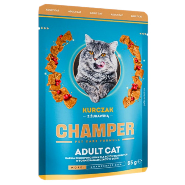 Levně 5x Champer mokré krmivo pro kočky kuřecí maso s omáčkou 85 g