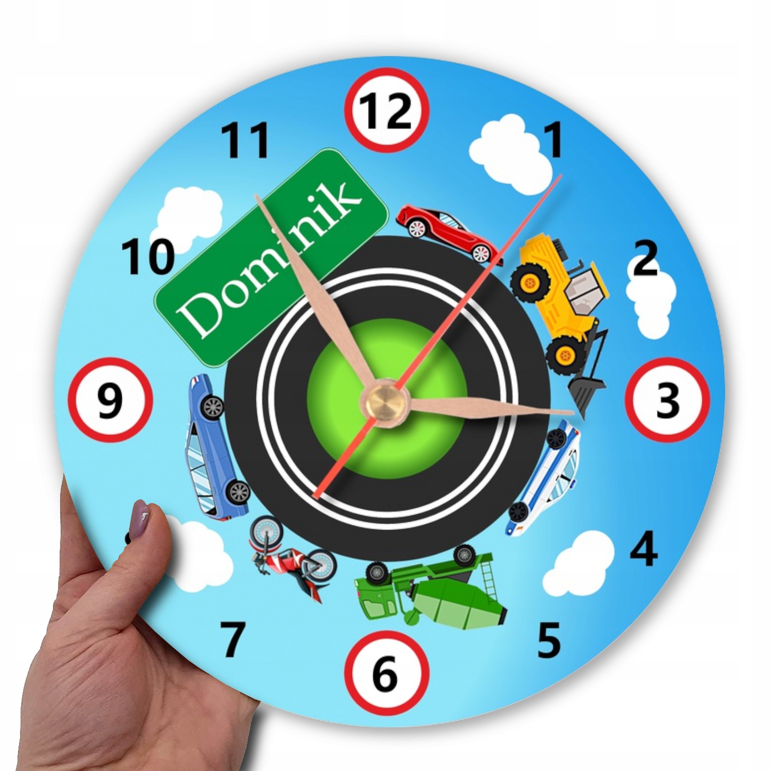 Zegar na ścianę z imieniem dla dzieci POJAZDY AUTA Zasilanie baterie