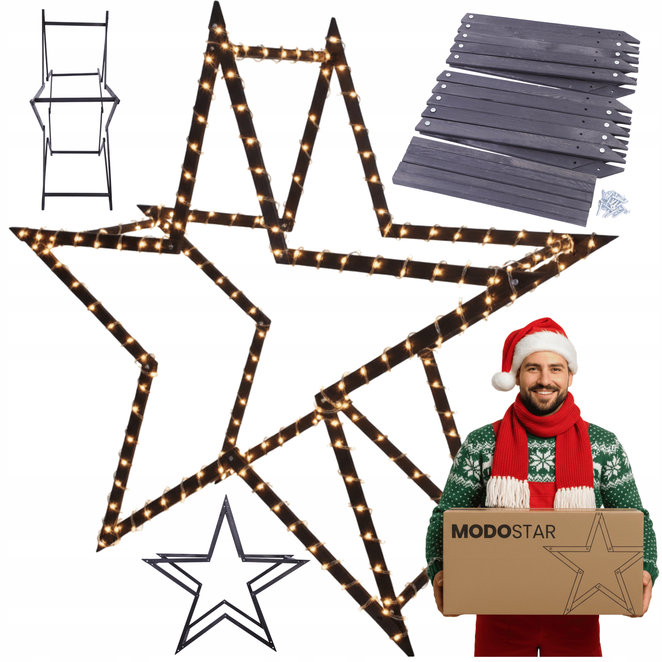 Vánoční hvězda 3D skládací snadná montáž ModoStar 189 Cm dřevěná Černá