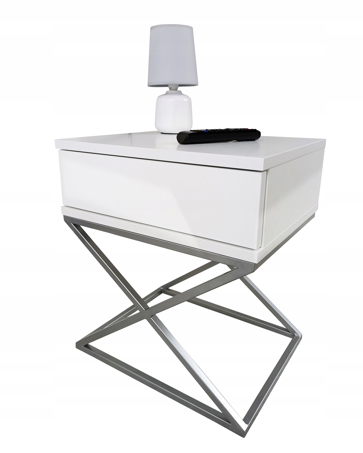 

Stolik nocny glamour biały-srebrny połysk metal X