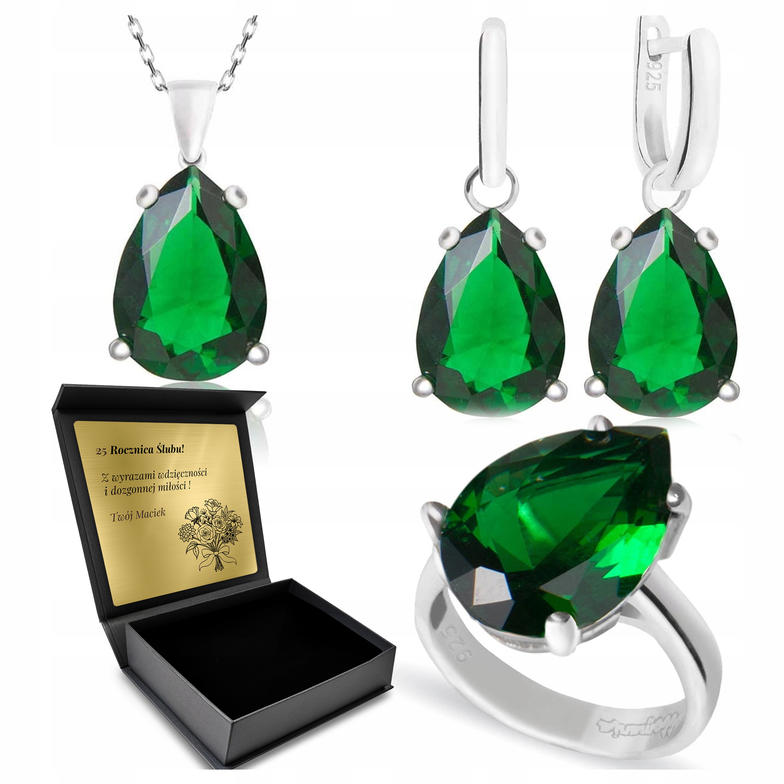 Komplet Stříbrných Šperků 925 Se Smaragdem Dárek pro ženu Gravírování