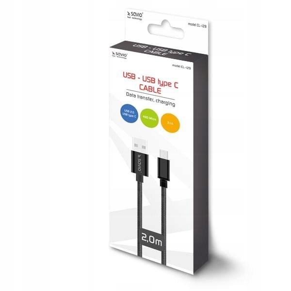 Kabel Savio CL-129 Usb typu C Usb 2.0 typu A 2m kolor czarny
