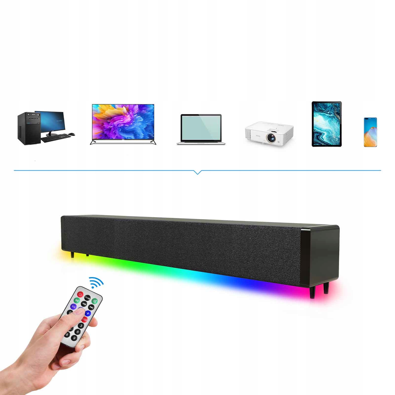 Soundbar z pilotem i złączem RCA USB AUX Skład zestawu soundbar