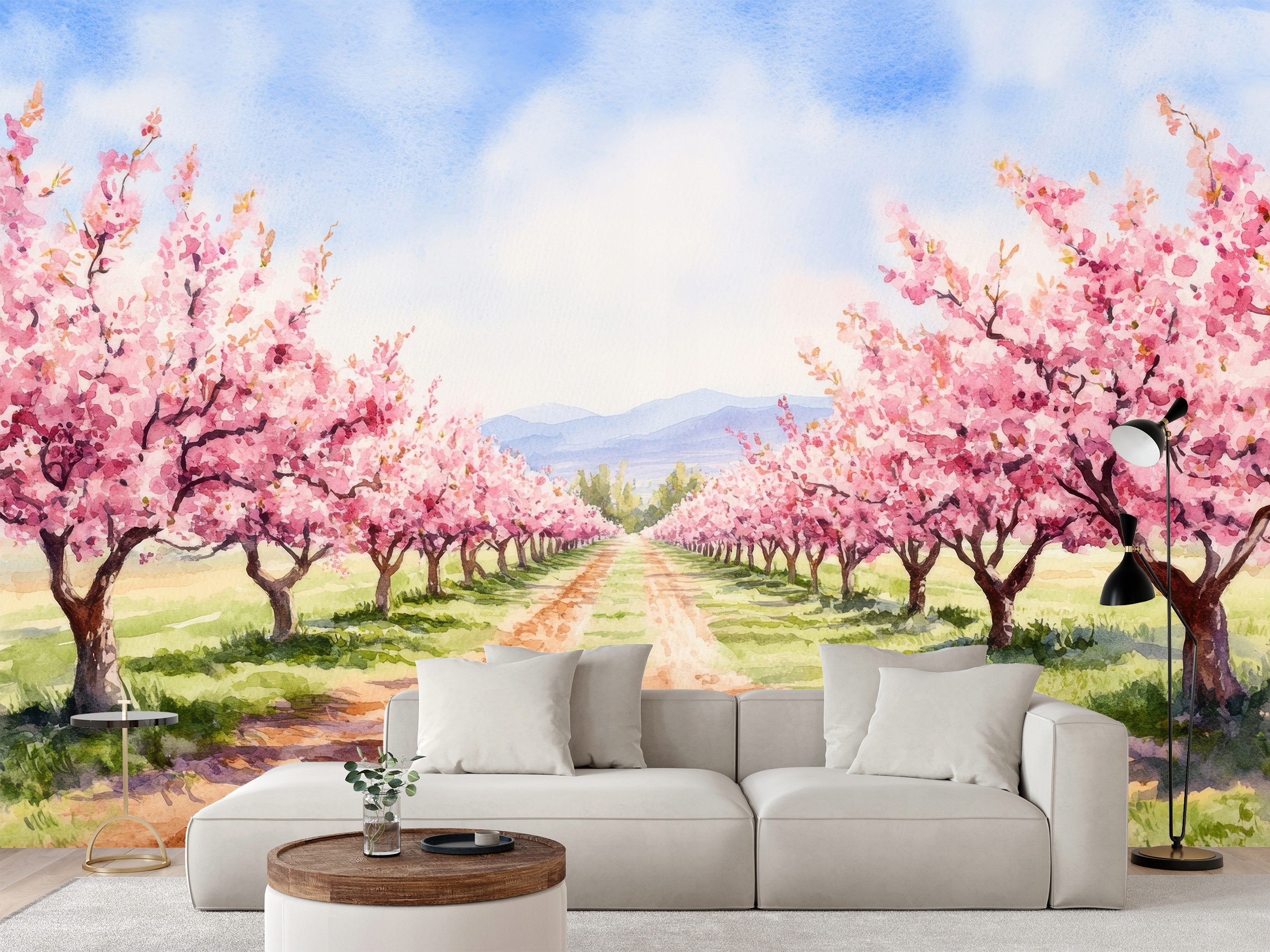 Fototapeta Róžová Aleja V Sade Kvety Čerešne Akvarel 315 x 210 cm
