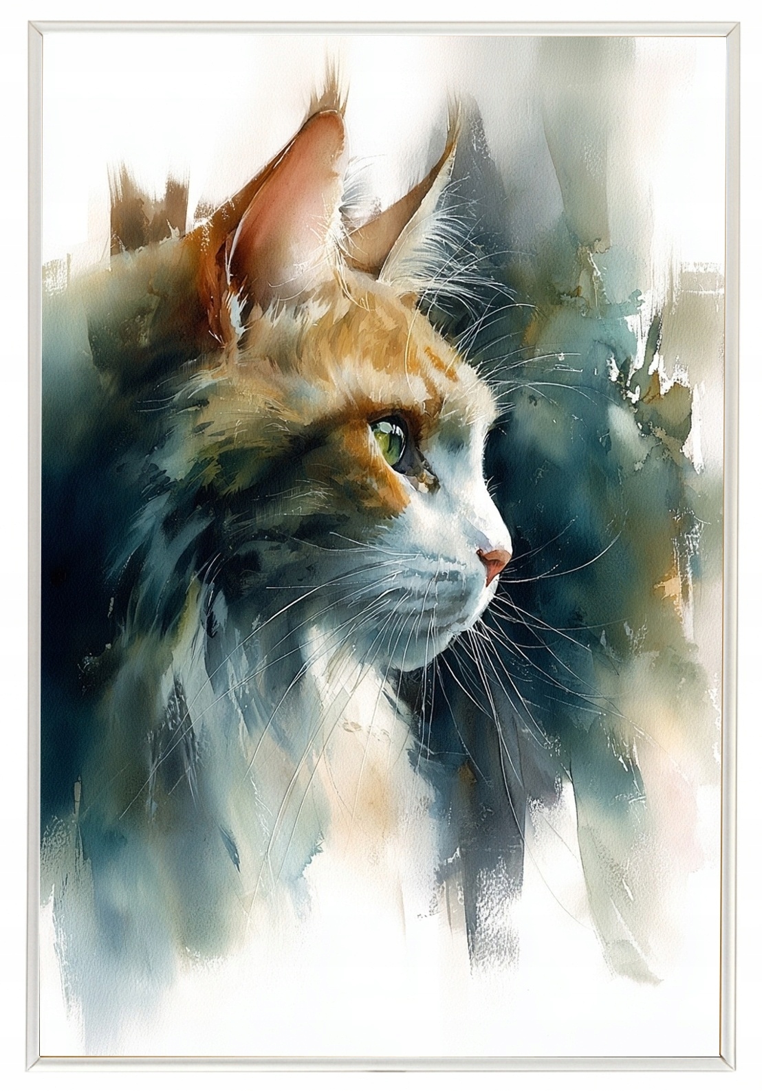 Plakát S Hliníkovým Rámeček , Akvarelový Portrét, Zvíře, Červená, Bílá Kočka, 40x60