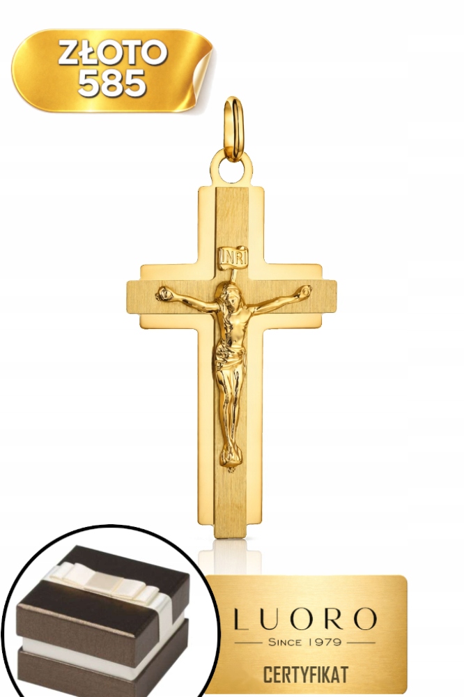 Zlatý Saténový Křížek 585 14K S Ježíšem, Velký, 55 MM, Elegantní