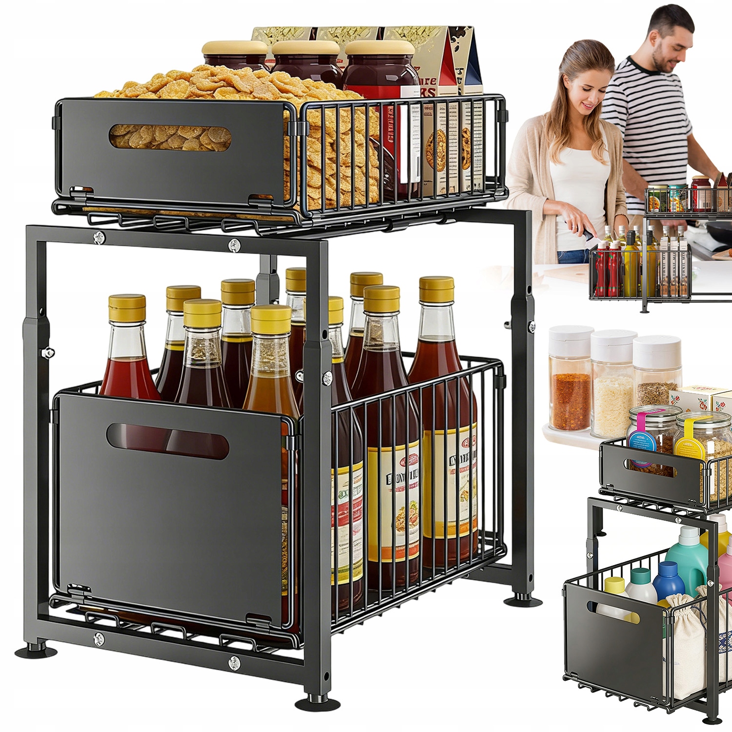 Organizér Pod Dřez 2-ÚROVŇOVÝ Výsuvný Černý Kuchyňský Regál Police Kov