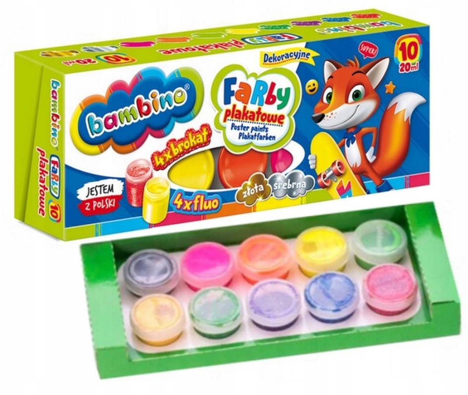 BAMBINO FARBY PLAKATOWE 10 kolorów fluo brokat