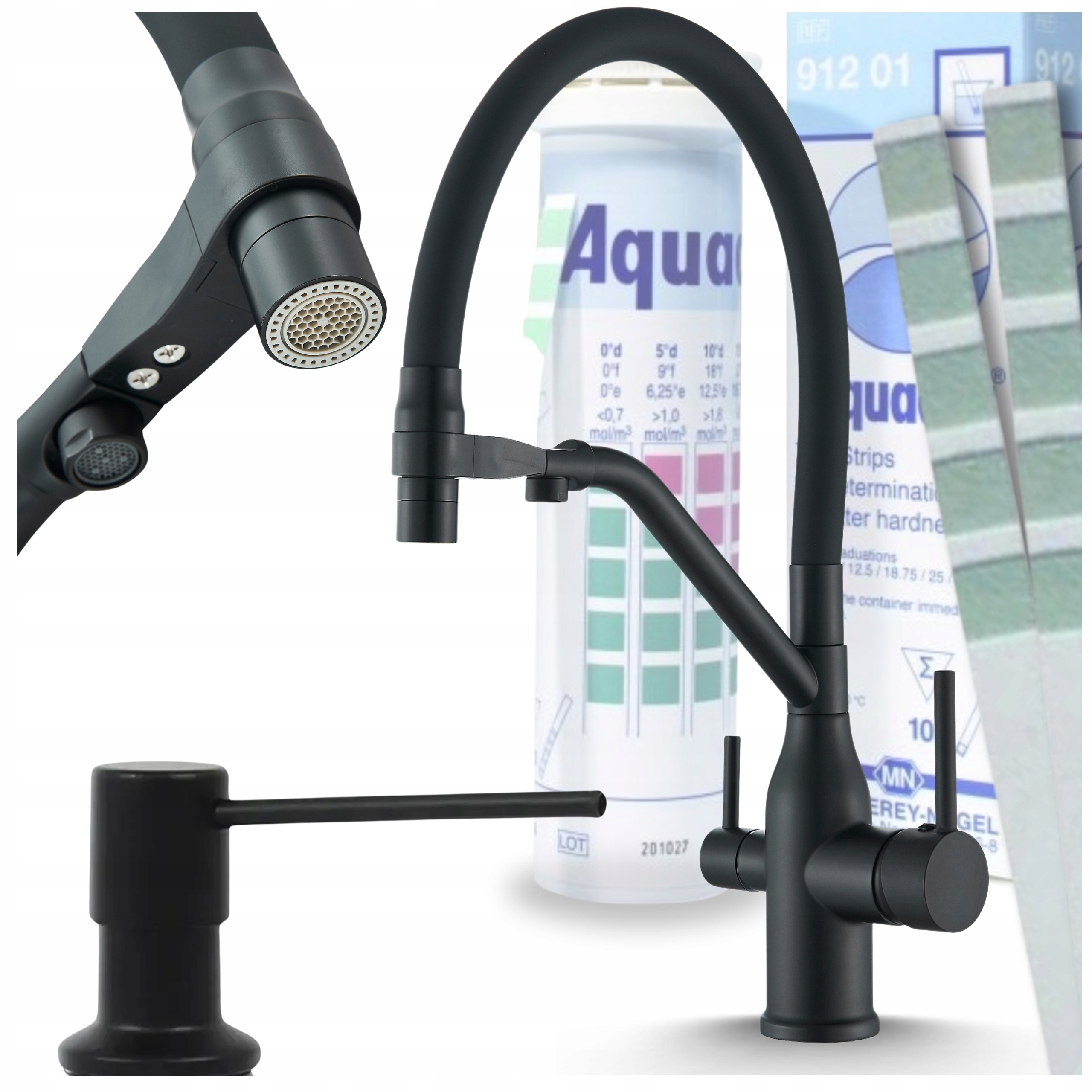 Kuchynská Batéria trojcestná s ohybným výtokom a dávkovačom čierna matná Komplet