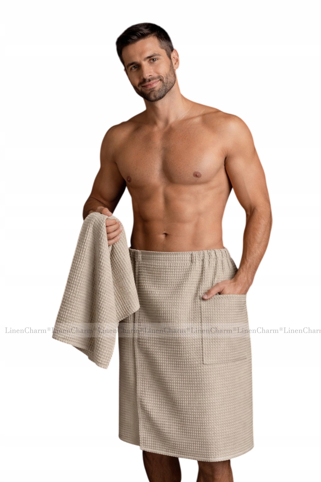 Pánský set Kilt do sauny Spa ručník Wafel 100% Bavlna Šedá Béžová L