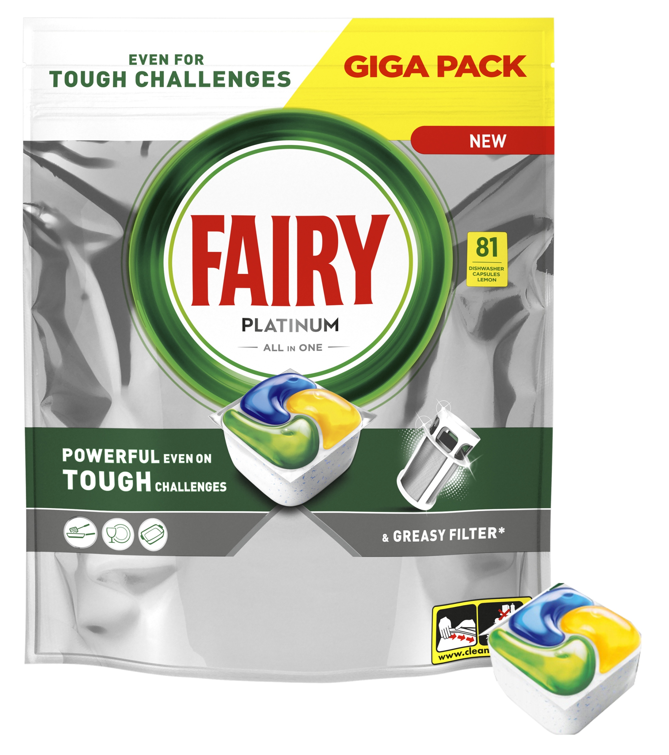 Levně Kapsle do myčky Fairy Platinum All In One Citronové 81 Kusů Giga Pack