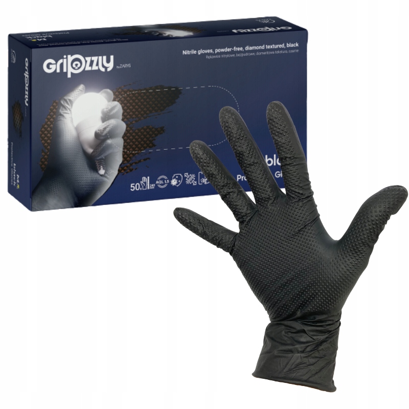 RĘKAWICE robocze OCHRONNE NITRYLOWE czarne BLACK GRIPZZLY ZARYS r.XL 50 szt EAN (GTIN) 05907996823635
