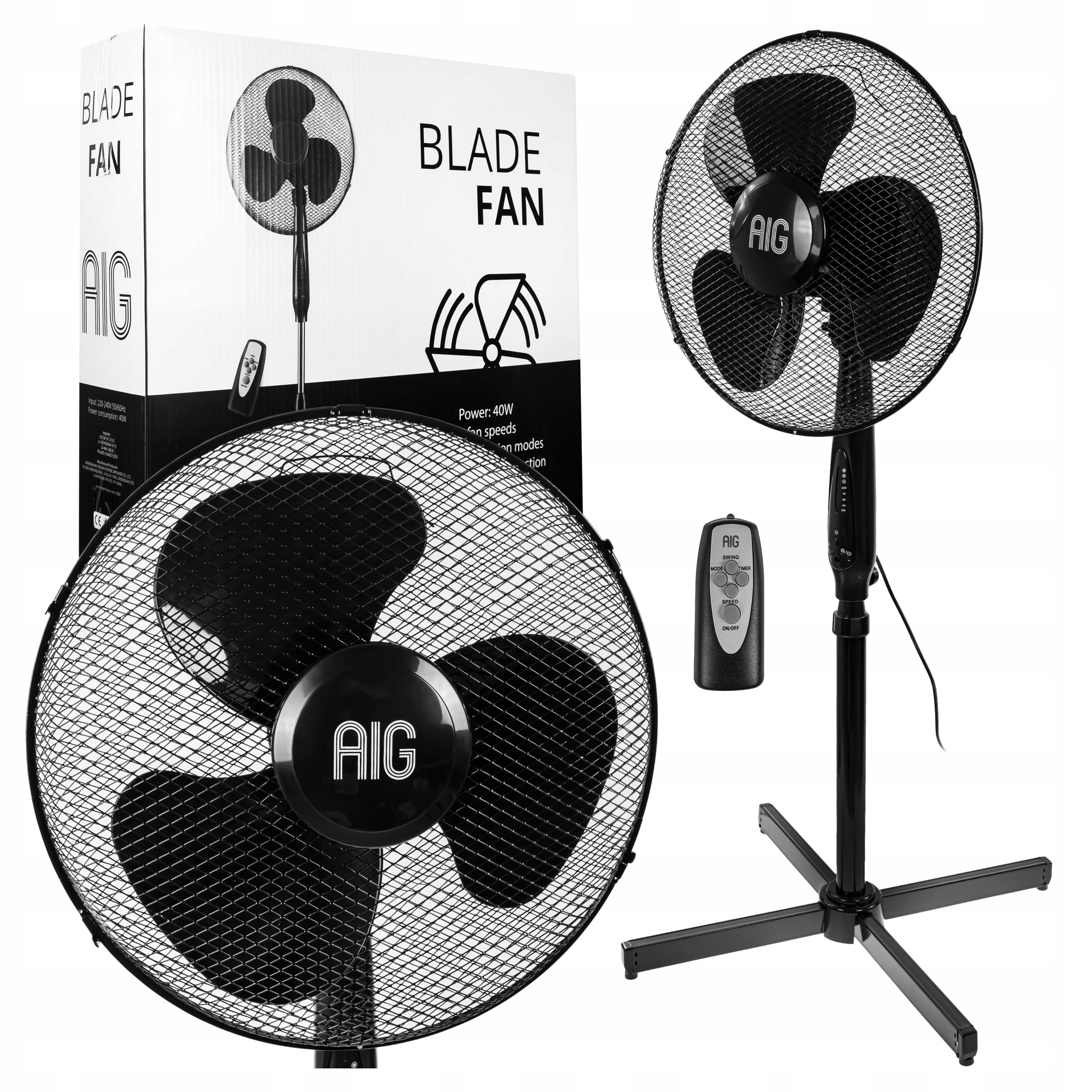 WIATRAK DUŻY WENTYLATOR PODŁOGOWY TIMER OSCYLACJA REGULACJA PILOT CZARNY