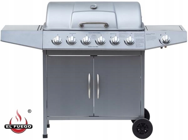 Grill Gazowy El Fuego Dayton 17kW 6+1 Kółka Srebrny Z Reduktorem Od Ręki