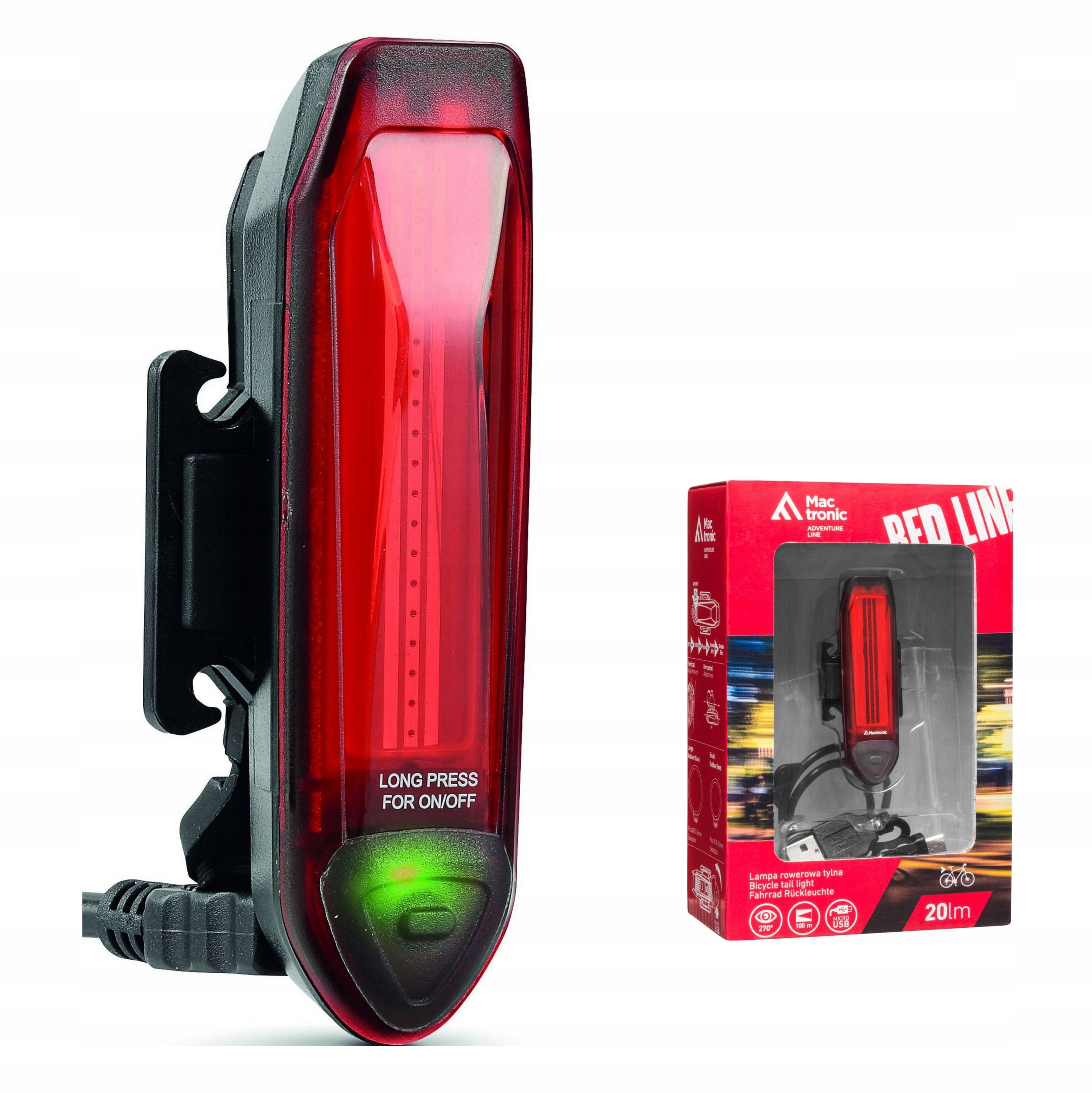 Lampa Rowerowa Tylna Mactronic Red Line 20lm Usb Led Mocna Wodoodporna