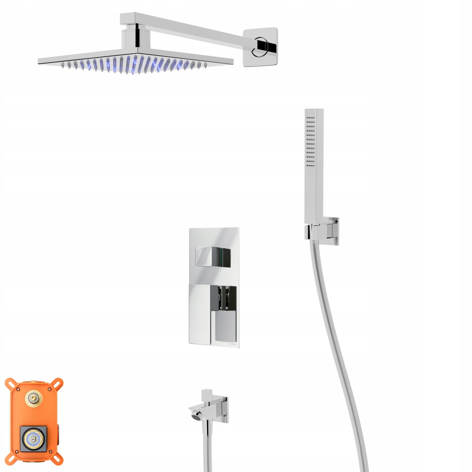 Sprchový set Ango chróm dažďová sprcha Led batéria slúchadlá a výtok
