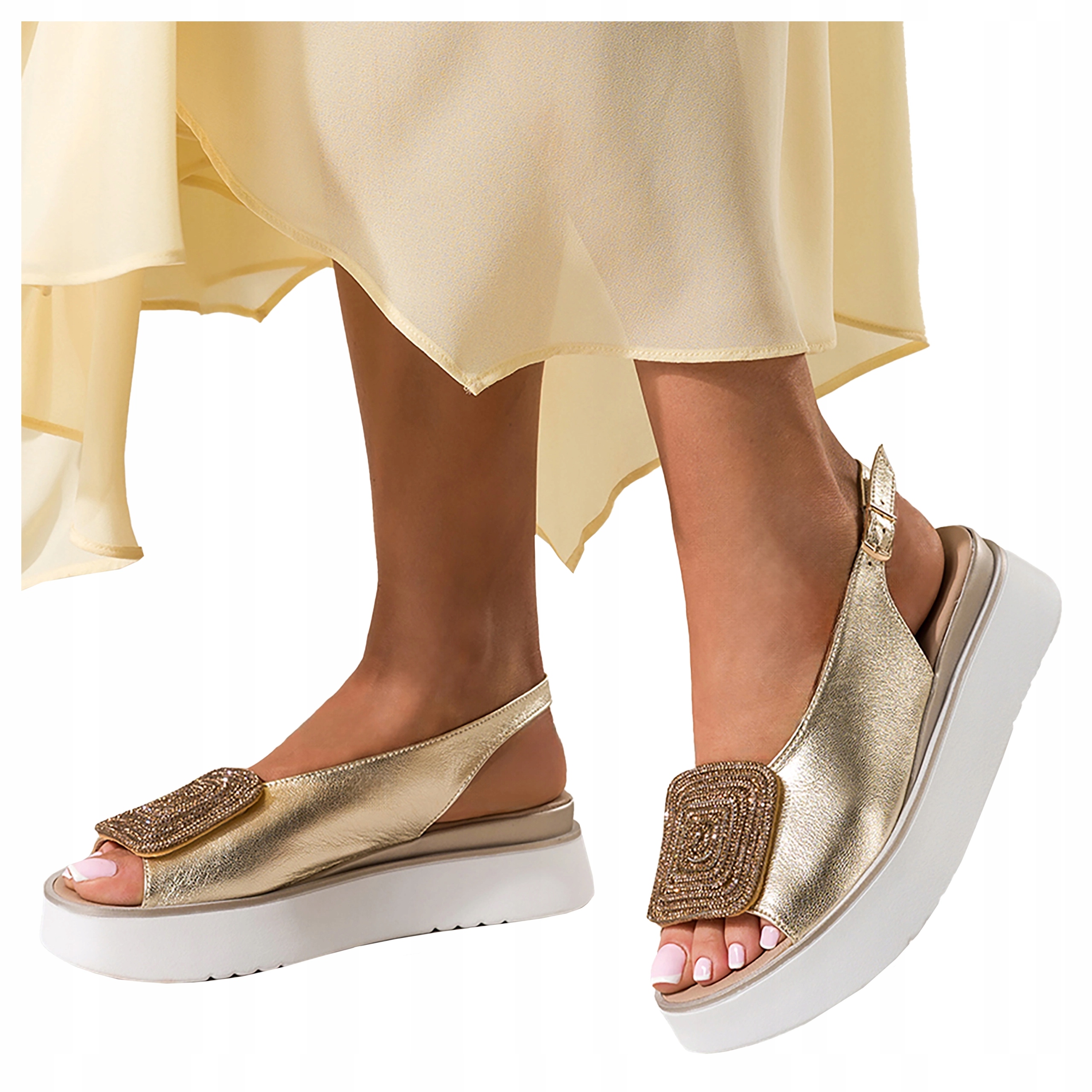 Kožené dámské Sandály Zlaté na platformě Pohodlné Polský Výrobek vel. 41