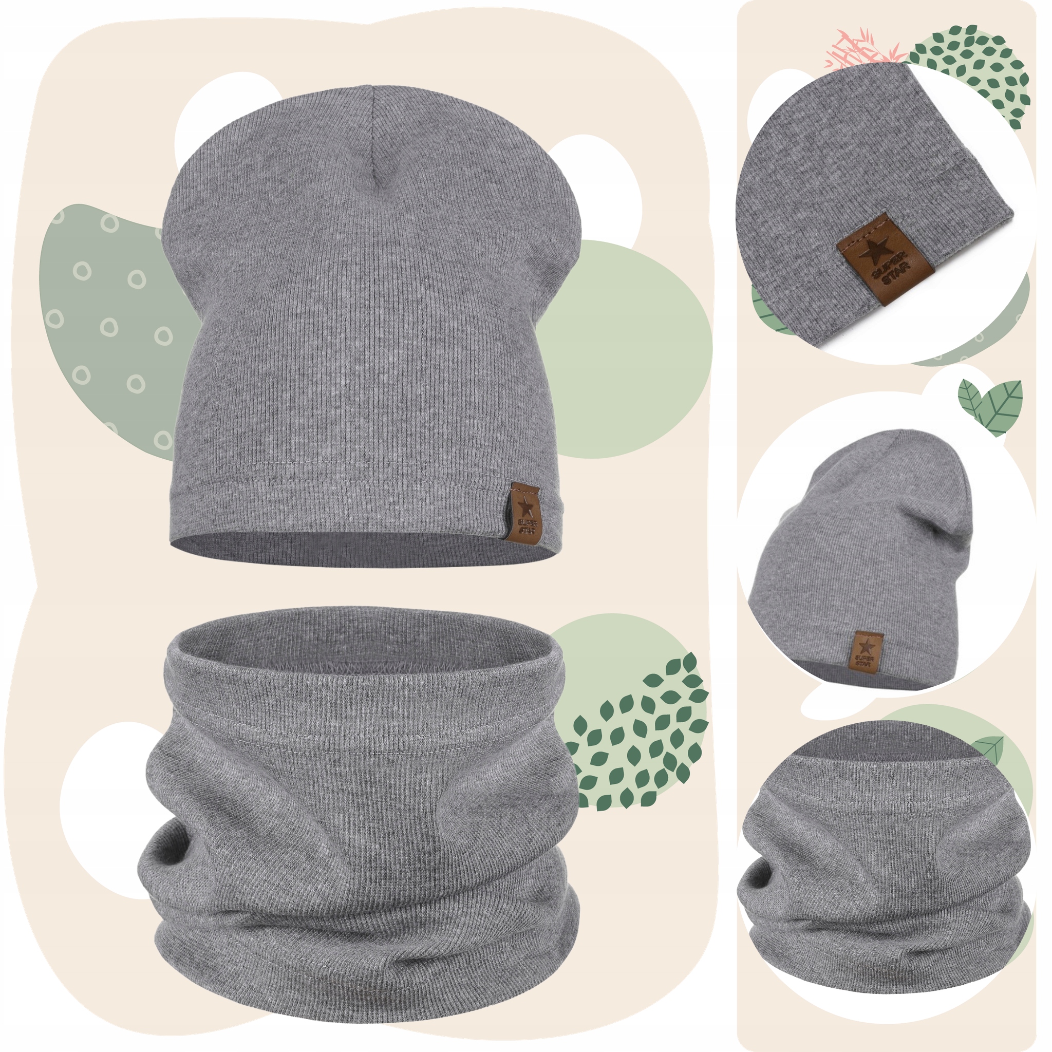 KOMPLET DZIECIĘCY BAWEŁNIANY CZAPKA KOMIN NA JESIEŃ ZIMĘ SZARY 40-46 Kolor szary
