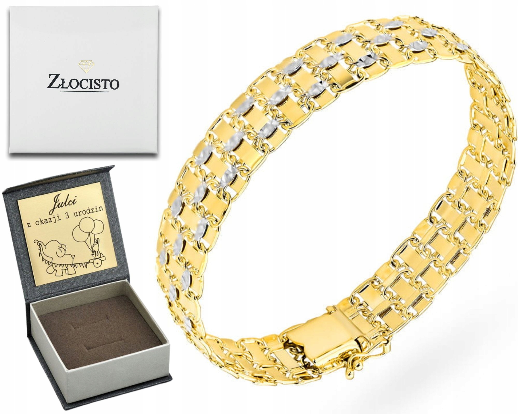 Široký Zlatý Náramek Ve Dvou Barvách, Zlato 585 S Dárek Gravírování 21 CM