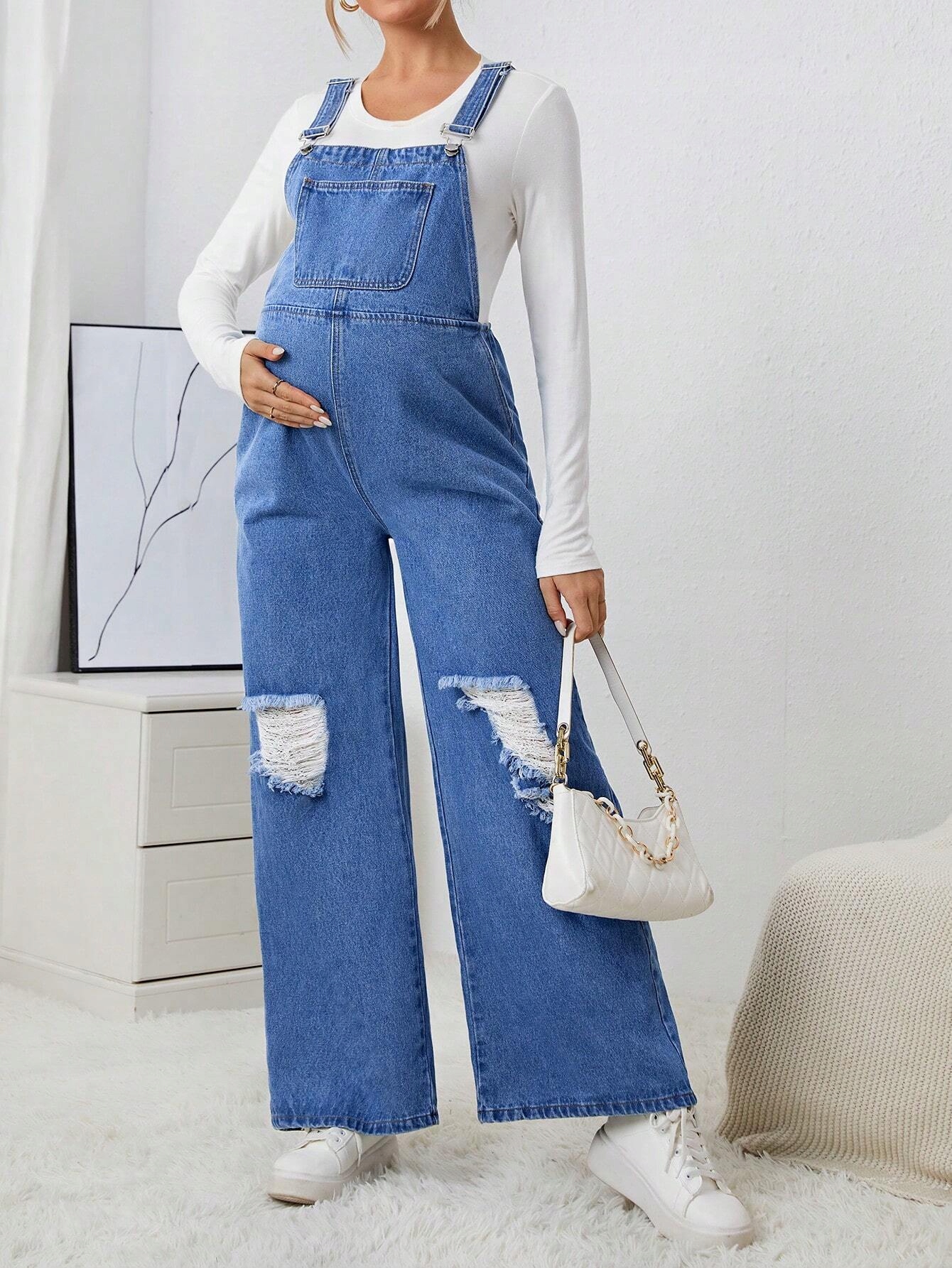 SHEIN NIEBIESKIE JEANSOWE OGRODNICZKI CIĄŻOWE Z PRZETARCIAMI L 36639 Kolor niebieski