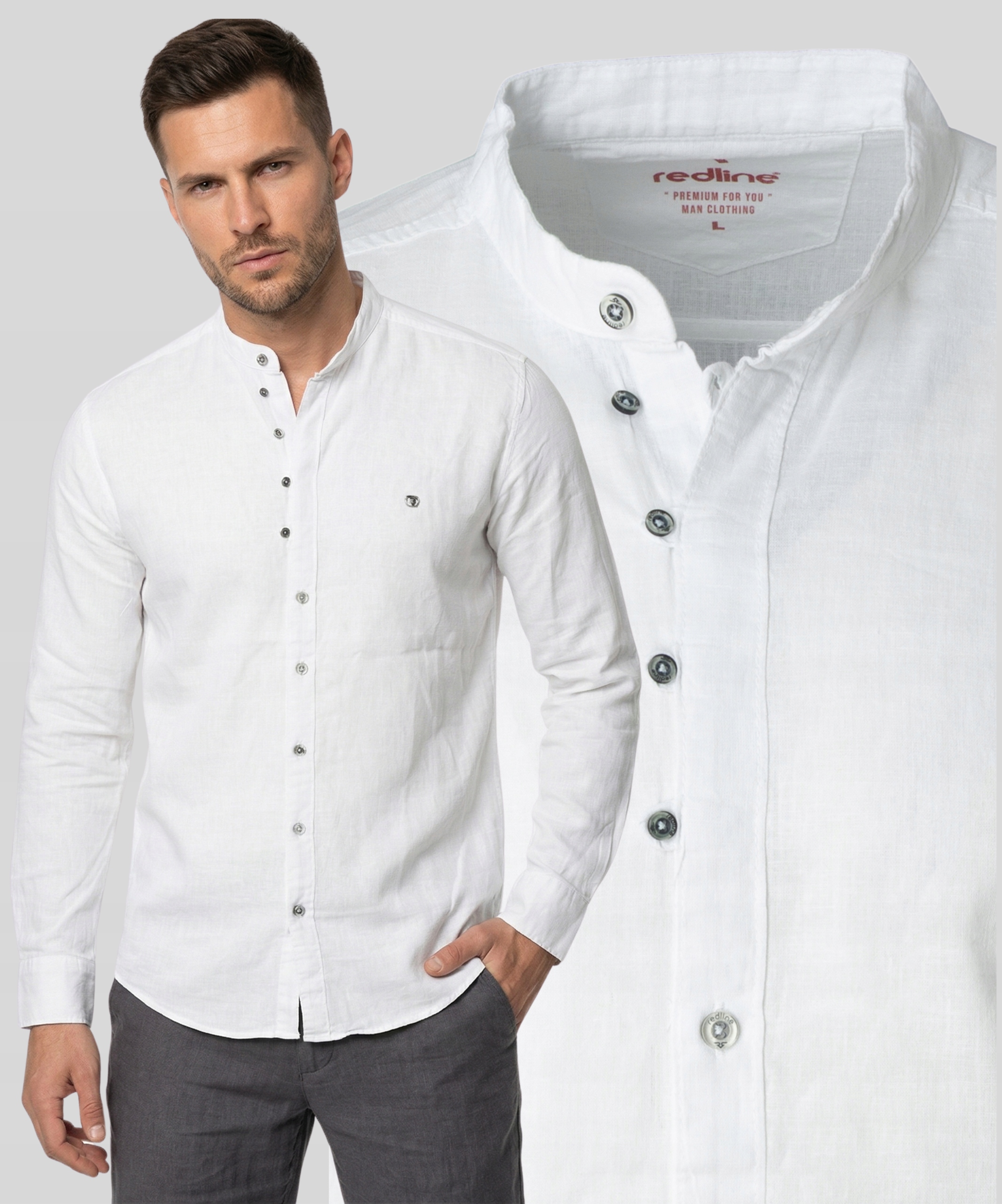 Koszula męska ze stójką Biała Klasyczna Bawełna Len Długi rękaw Casual XXL