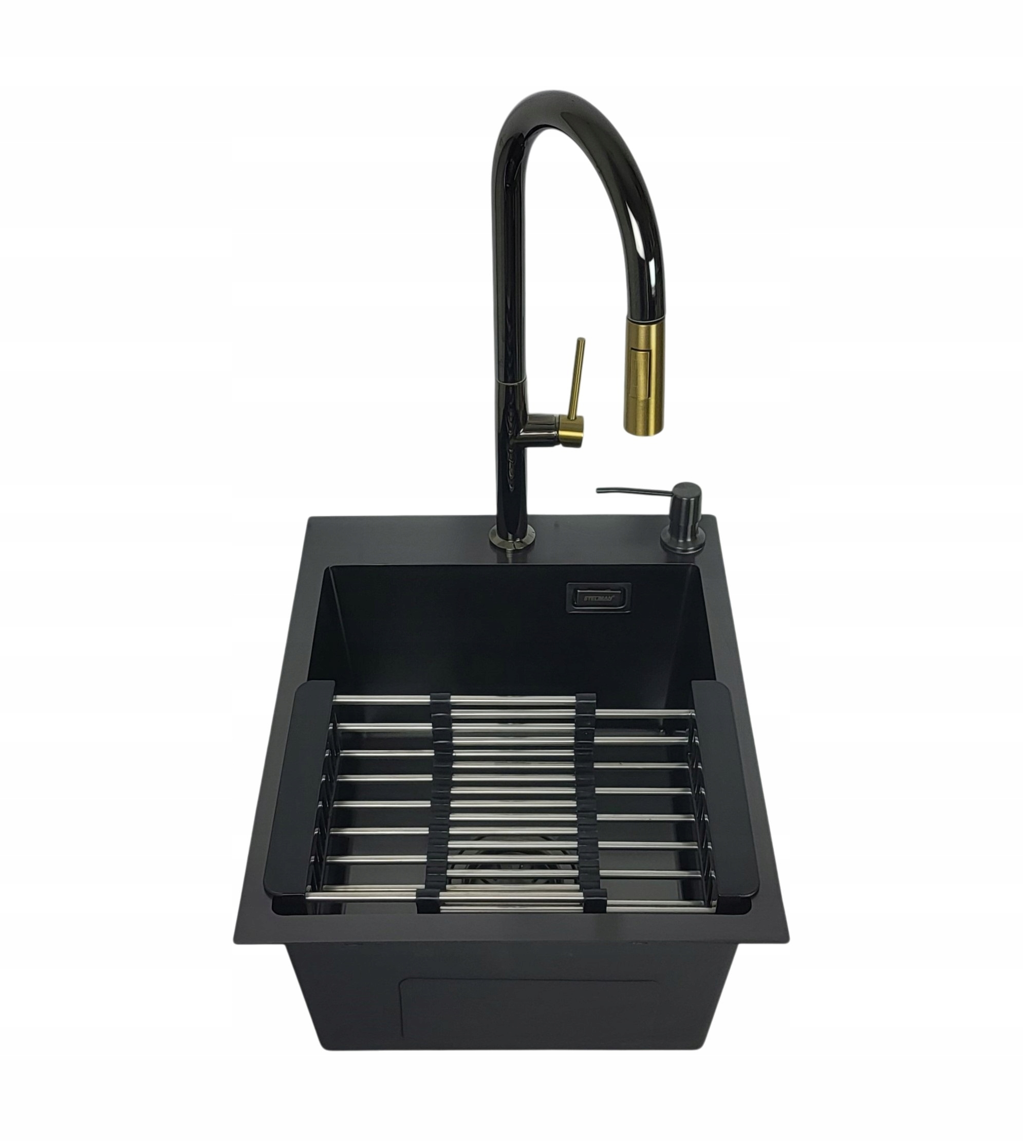 Zlewozmywak stalowy 40x50 Black +Bateria Lira chrom złoty +Koszyk +Dozownik