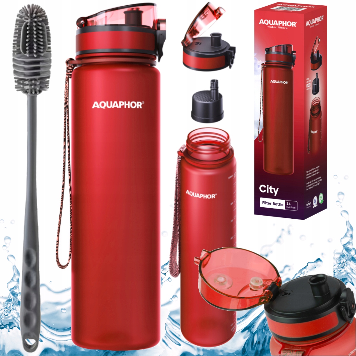 Lahev Na Pití filtrační láhev červená 1 l Aquaphor City kartáček na mytí