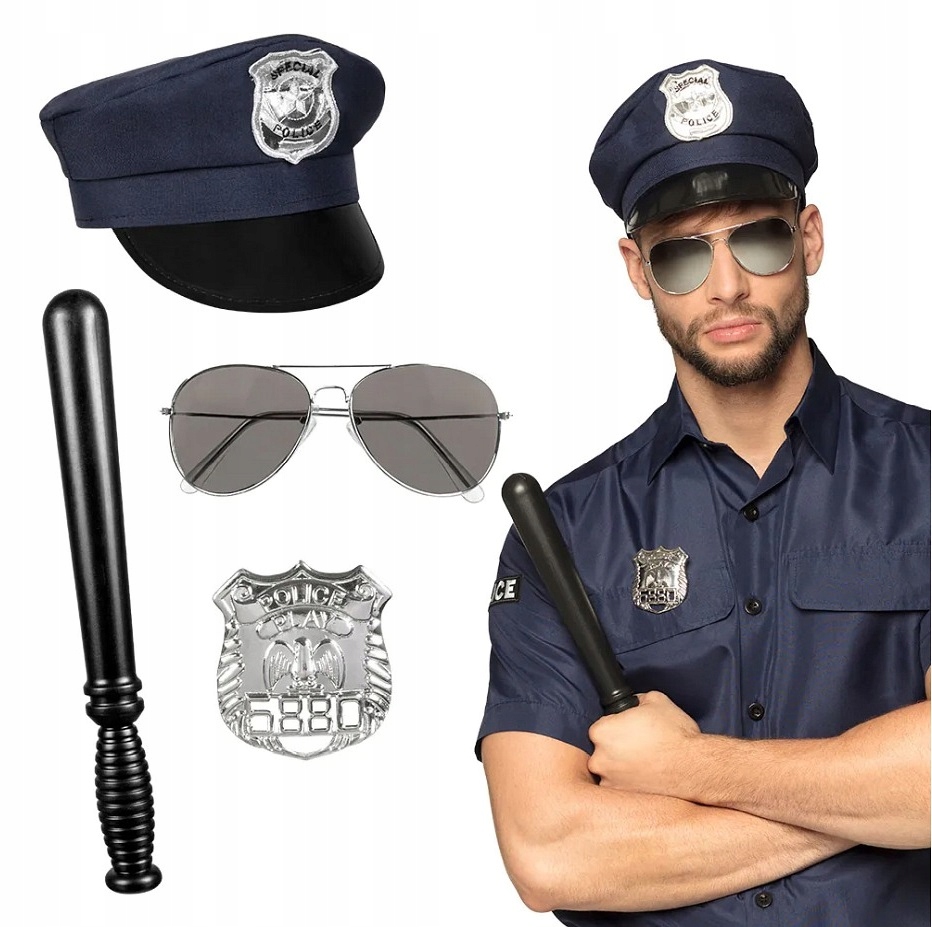 Zestaw dla dorosłych POLICE ( czapka, okulary,odznaka, pałka 33 cm)