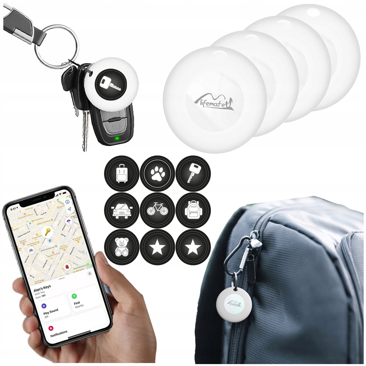 4x Gps lokátor Life Tag Lifemate Ios Apple pro batoh na klíče samolepky