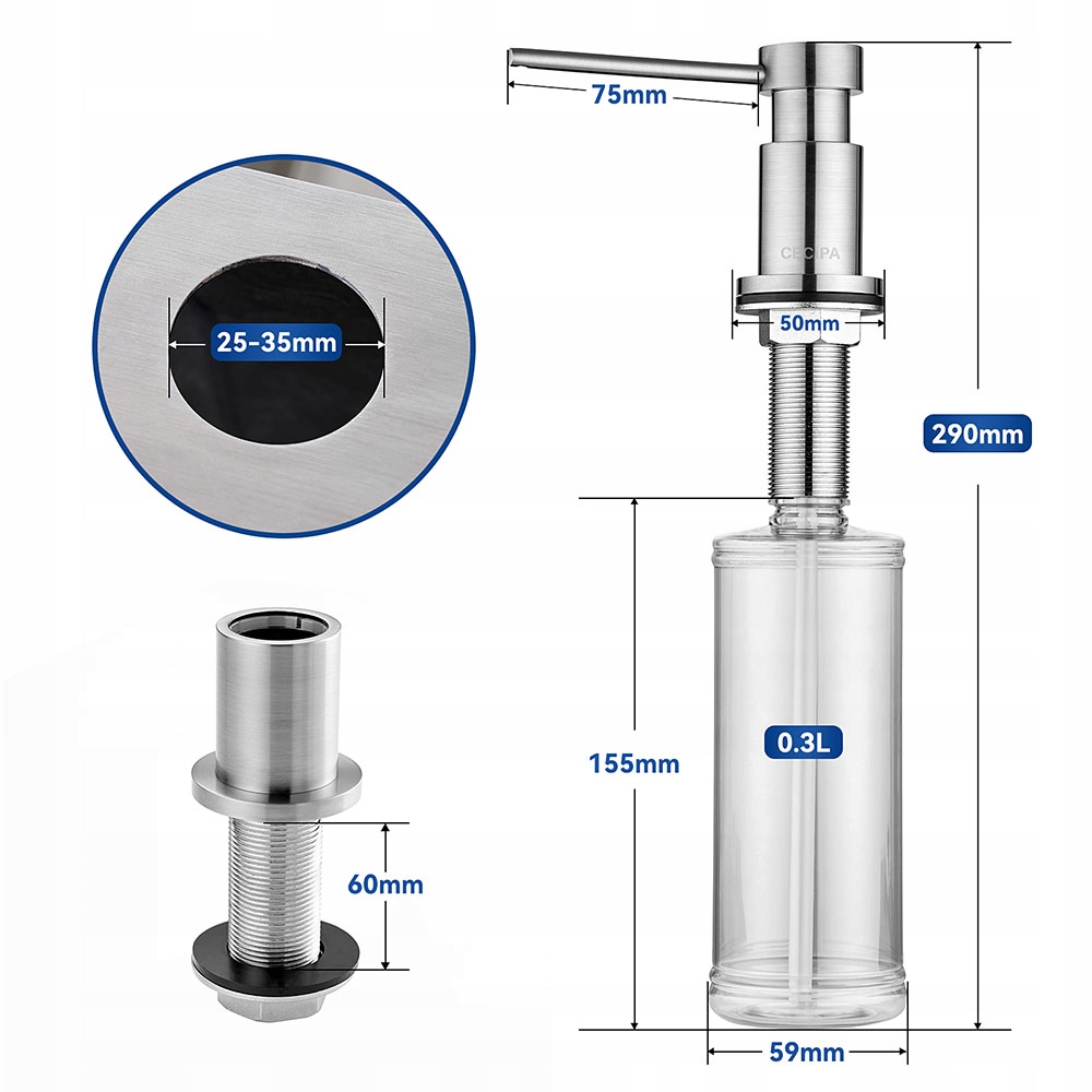 DOZOWNIK DO MYDŁA PŁYNU DO ZLEW ZLEWOZMYWAK 300ML z Silikonowym Wężem 1,25M Kod producenta CAJ0402