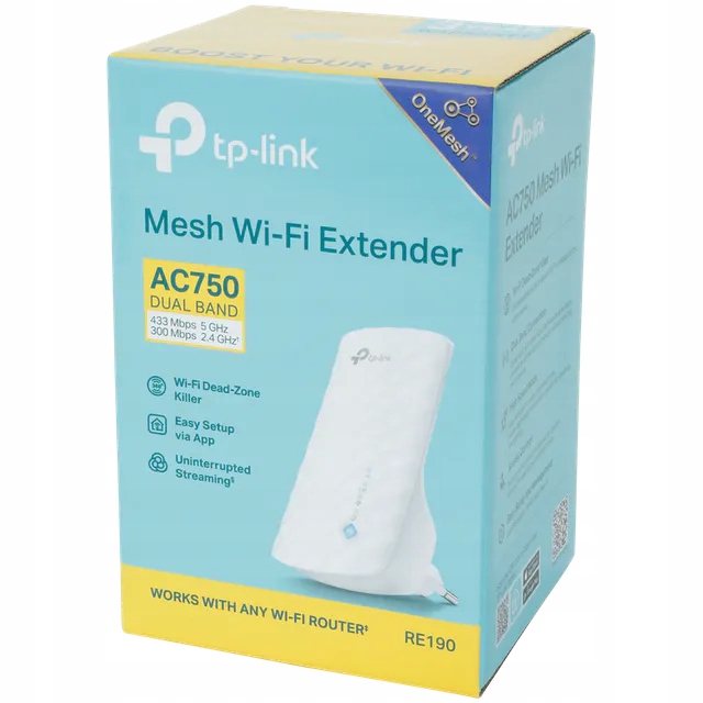 Wzmacniacz sygnału sieci Mesh Wi-Fi Extender RE190 TP-Link AC750 Pasmo 2,4 GHz 5 GHz