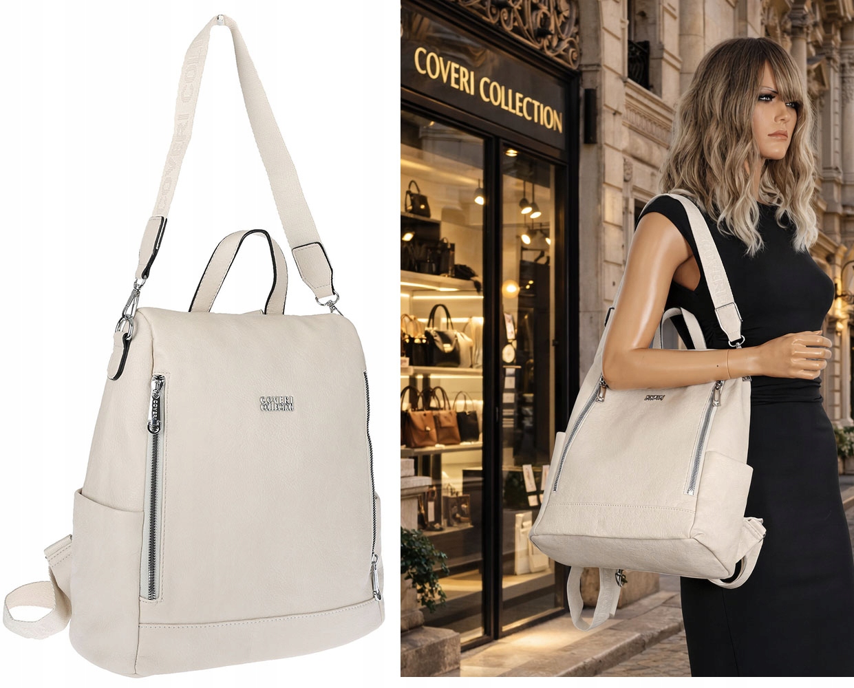 Torebka damska plecak 2w1 shopper duża pojemna na ramię modna CC028 Beżowa