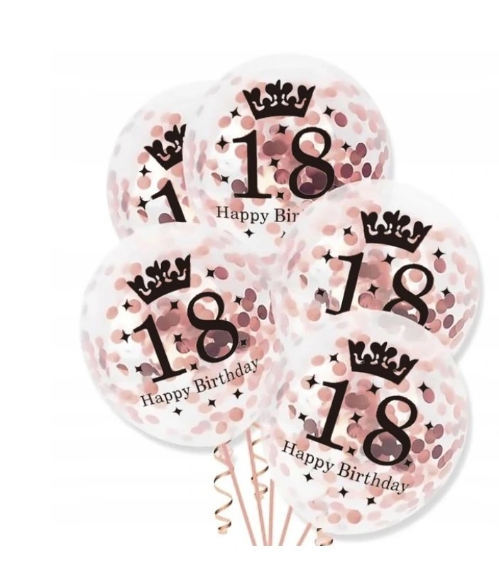 BALONY ROSE GOLD Z KONFETTI 18 URODZINY 6 SZT