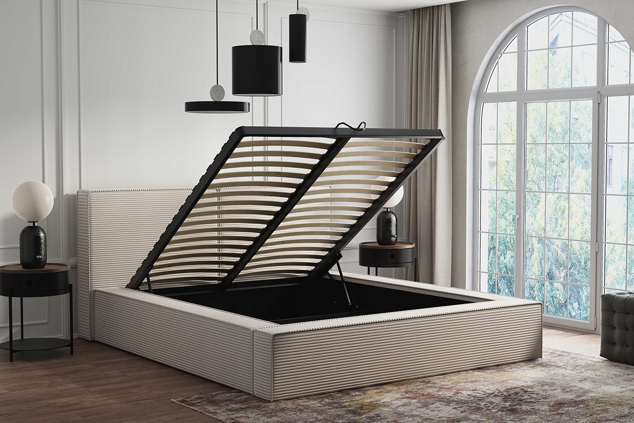 Łóżko tapicerowane SOVIS 90x200 z pojemnikiem obicie SZTRUKSOWE Kolekcja SOVIS