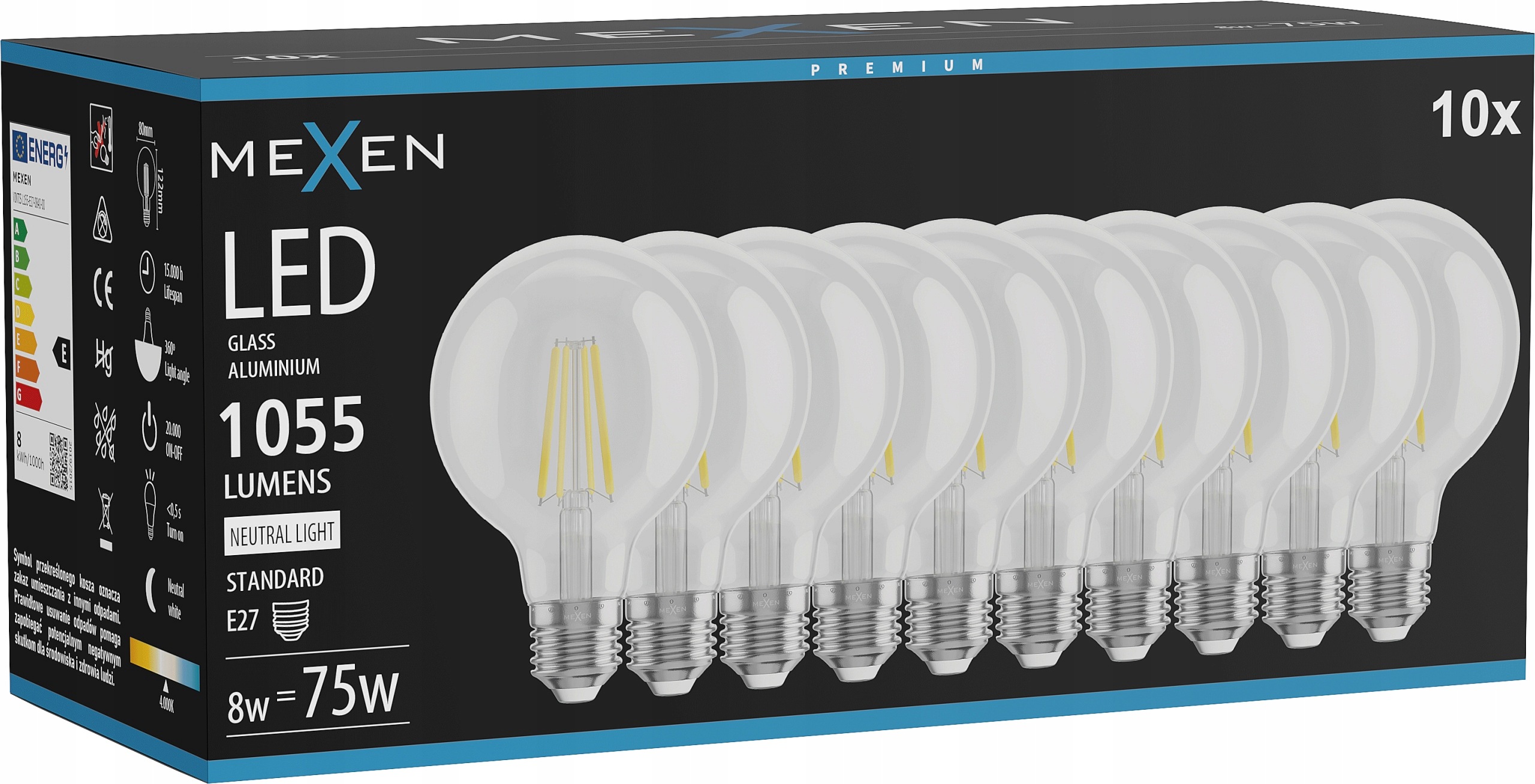 Mexen Vintis 10X Žárovka Filament Led E27 G80 8W 4000K 1055 LM Clear