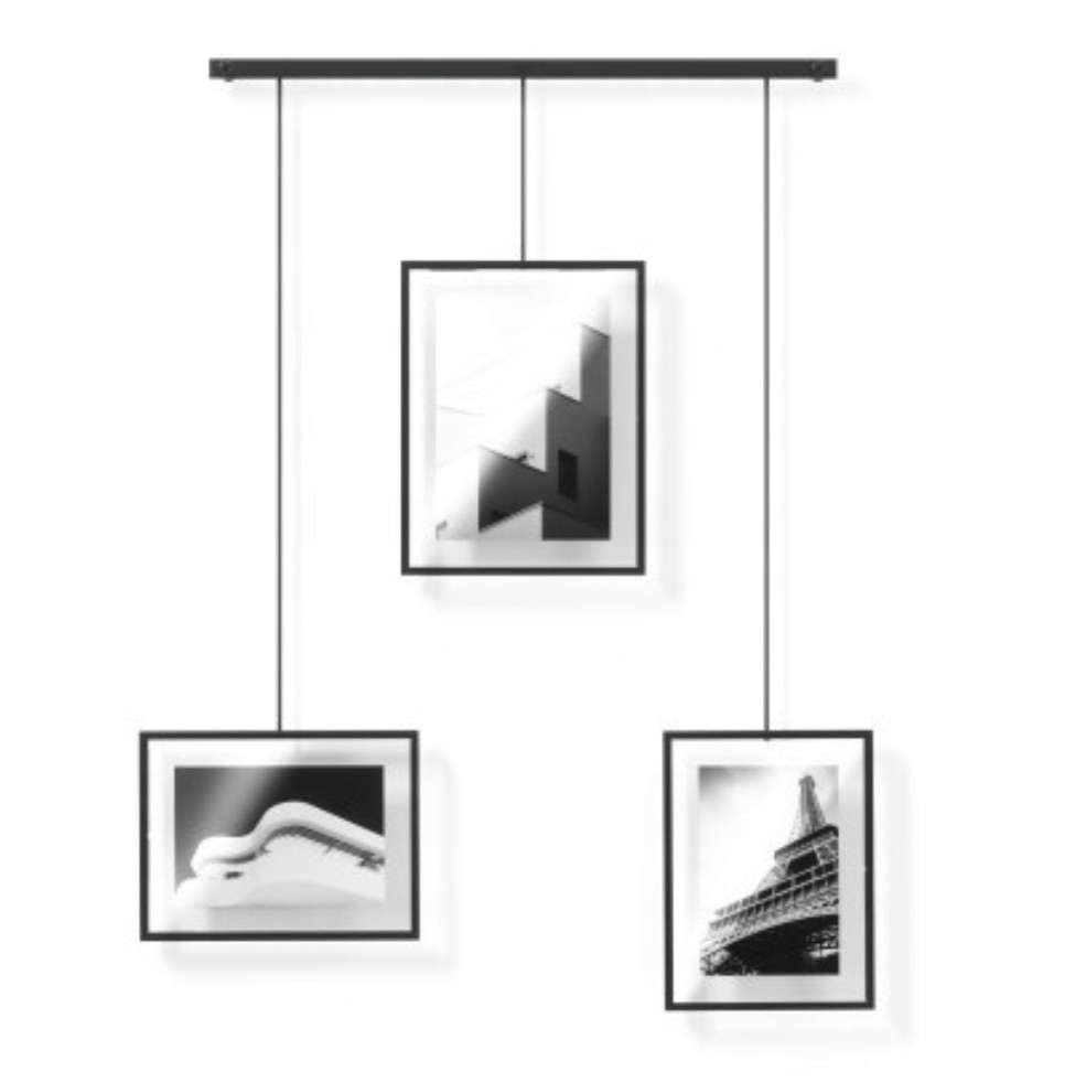 Rámeček závěsný na 3 fotografie černý na liště na zeď do obývacího pokoje Exhibit